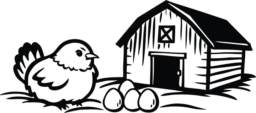 Cute little chick with three eggs and a detailed barn in a black and white vector design.
