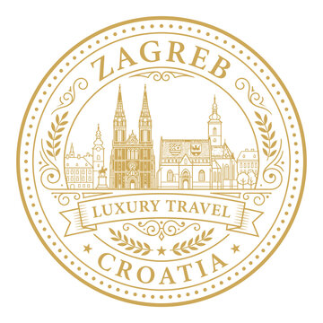 Vintage gold Zagreb Croatia travel seal with city skyline landmarks vector illustration
