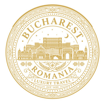 Elegant gold Bucharest Romania luxury travel seal featuring city landmarks vector illustration