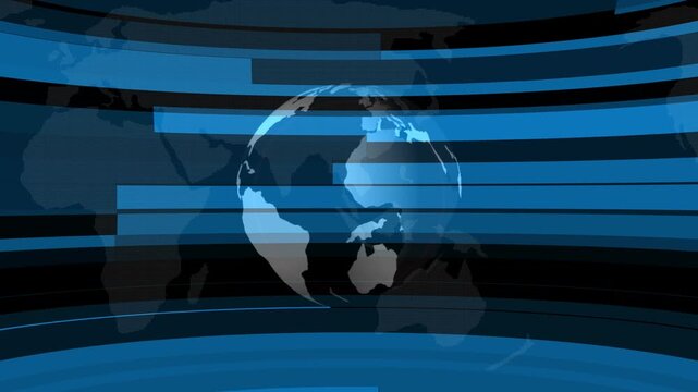 Global News Broadcast Motion Background with Rotating Earth Globe and World Map Blue Digital Technology Theme for TV Channel Intro