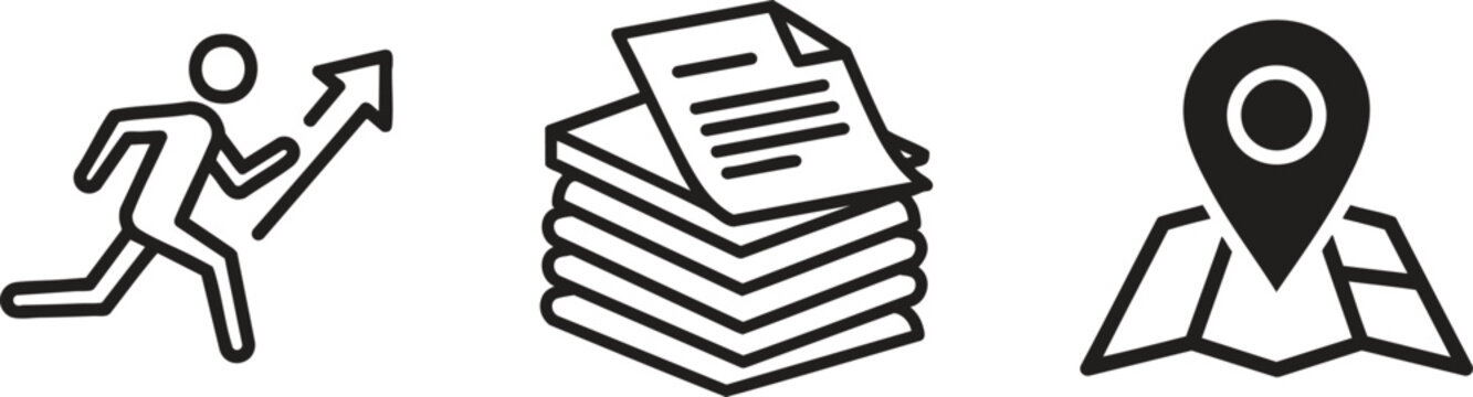 Business icons, office symbols, running, documents, map marker, black line art graphics