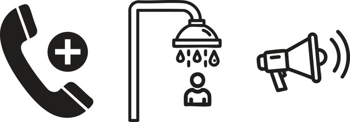 Fototapeta premium Communication icons, phone, shower head with person, megaphone, black line art graphics