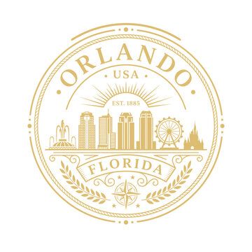 Gold Orlando Florida city emblem with skyline icons isolated vector illustration