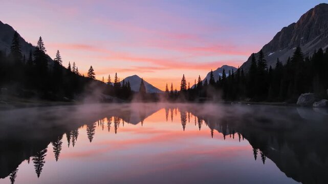 Misty mountain lake at sunrise with colorful sky reflection