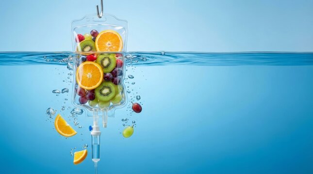Vitamin IV drip bag filled with fresh fruits floating in clear splashing water, conceptual health and wellness therapy with copy space.
