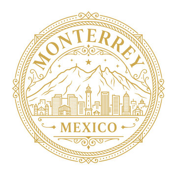 Ornate gold Monterrey Mexico city skyline emblem featuring Cerro de la Silla mountain vector illustration