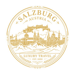 Obraz premium Salzburg Austria city skyline emblem with fortress and mountains gold vector illustration
