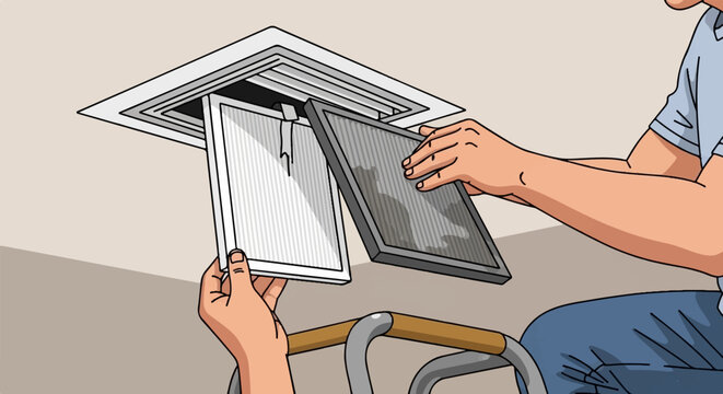 Hands replacing dirty air filter with a clean one from ceiling vent