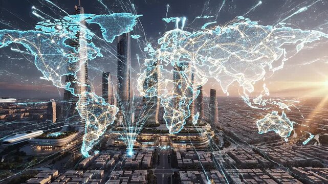 A futuristic cityscape showcases interconnected global networks and modern architecture bathed in the warm glow of a setting sun.