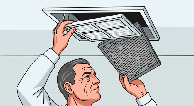Man changing dirty air filter in ceiling vent