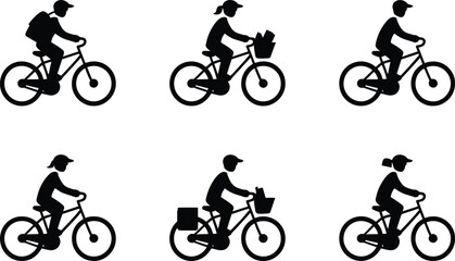Fototapeta premium Six Black Icons Of People Riding Bicycles With Bags And Baskets cycling person