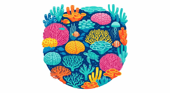 Vibrant, pixelated coral reef teeming with marine life, featuring brain corals, anemones, fish, and a turtle