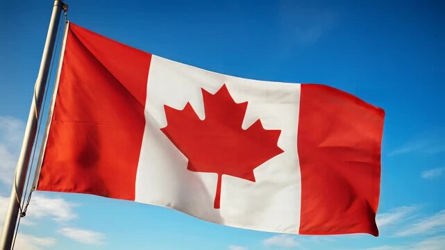 Canadian flag waving against a clear blue sky symbolizing freedom