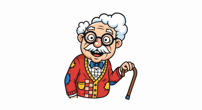 Cheerful elderly gentleman in a red cardigan with patches, sporting a mustache and holding a walking cane