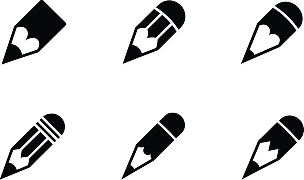 Six Black Pencil Icons With Different Lead And Body Designs silhouette writing