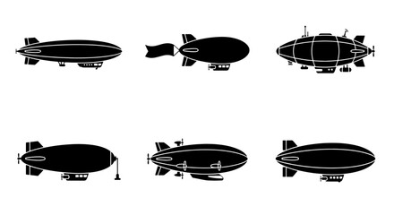 Vintage blimp silhouette collection, 6 steampunk airship vector icons, retro dirigible and zeppelin transport symbols for aviation design © Sujon
