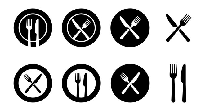 Minimalist restaurant icons set, black cutlery and plate symbols, 8 flat vector silhouettes of fork and knife for dining and food service signage