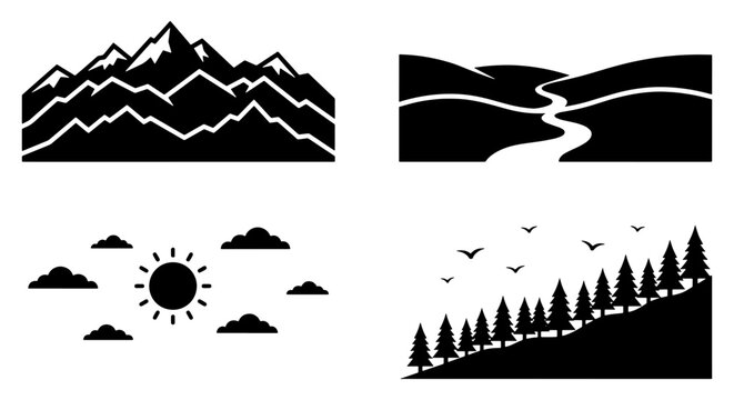 Minimalist mountain landscape icons, black and white nature vector set, outdoor wilderness scenery with peaks and forest, 4 simple environment elements