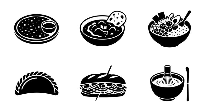 Minimalist food icons set, black and white vector illustrations of global cuisine, 6 restaurant menu elements including ramen and empanada