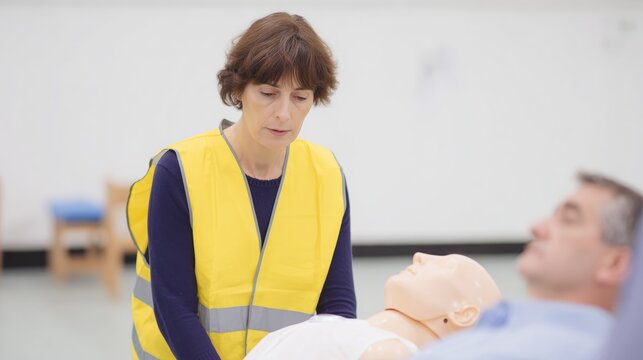 Middle-aged first aid responder provides a CPR training for corporate workers