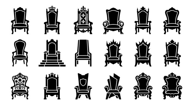 Royal throne icons set, 18 king and queen chair vector silhouettes, medieval royal furniture collection, black monarch seat symbols for game design