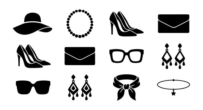 Fashion accessories icon set, black silhouette women's clothing elements, 12 vector icons including high heels, jewelry, and handbags for retail design
