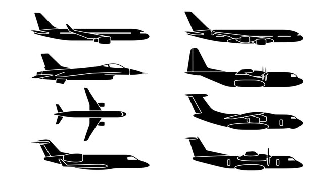 Aviation aircraft silhouettes set, 8 commercial and military airplane icons, black passenger jet and fighter plane vector collection for travel design