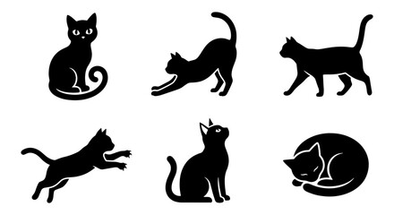 Black cat silhouette collection, 6 vector cat icons in various poses, minimalist feline animal silhouettes for logo design and pet branding © Sujon