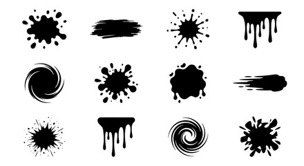 Black ink splash and paint splatter collection, 12 vector liquid drip and swirl elements, grunge brush stroke and blotch set for graphic design © Sujon