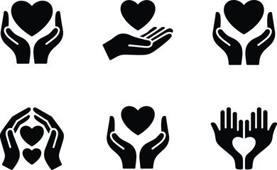 Fototapeta premium Six Black Silhouette Icons of Hands Holding and Protecting Hearts love care
