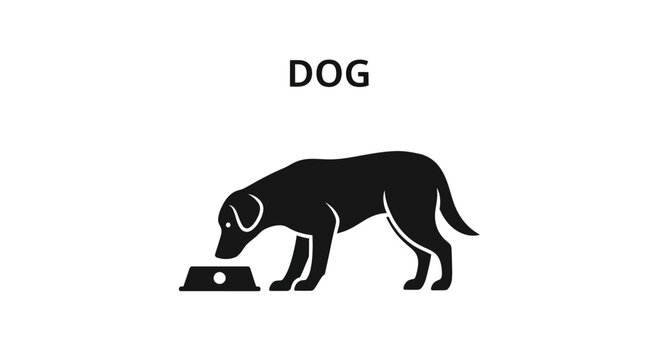 Minimalist black silhouette icon of a dog eating from a food bowl.