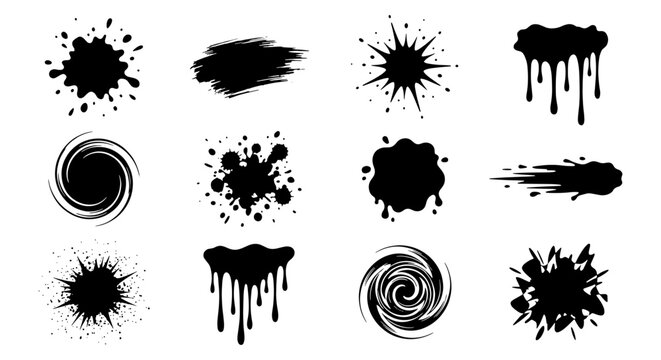 Grunge black ink splatters and paint drips vector set. Hand drawn liquid splash silhouettes, 12 artistic brush stroke elements for graphic design.