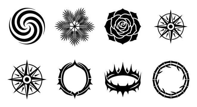 Black mystical occult symbols set, 8 vector icons including rose and crown of thorns, gothic tribal tattoo elements, esoteric sacred geometry shapes