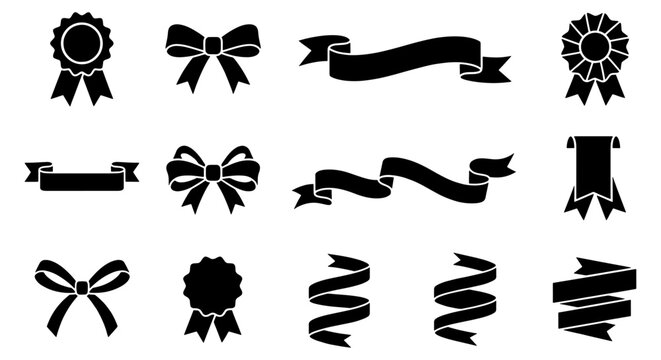 Black ribbon banners and award medals set, 13 vector silhouettes of decorative bows and scrolls, elegant trophy seals for certificates and branding