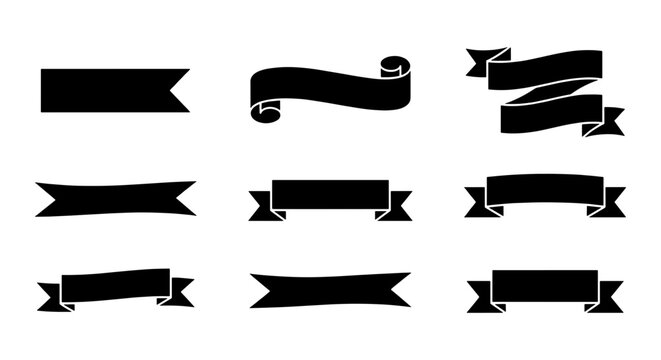 Vintage black ribbon banners set, 9 decorative vector scrolls and flags, elegant silhouette ribbon labels for wedding invitations and logo design