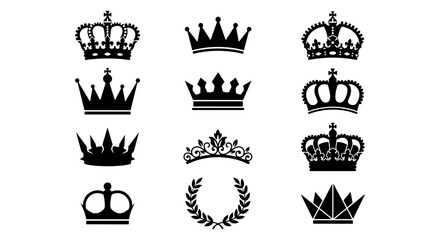 Royal crown silhouettes set, 12 black imperial coronet icons, vintage heraldic tiara and laurel wreath collection for logo design and branding © Jim