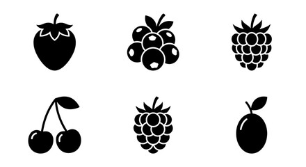 Minimalist berry fruit icon set, black silhouette berry collection including strawberry and cherry, 6 vector elements for food packaging and web design © Jim