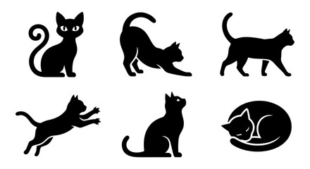 Black cat silhouette icons set, domestic feline animal poses in minimalist vector style, 6 cat elements for pet shop branding and logo design © Jim