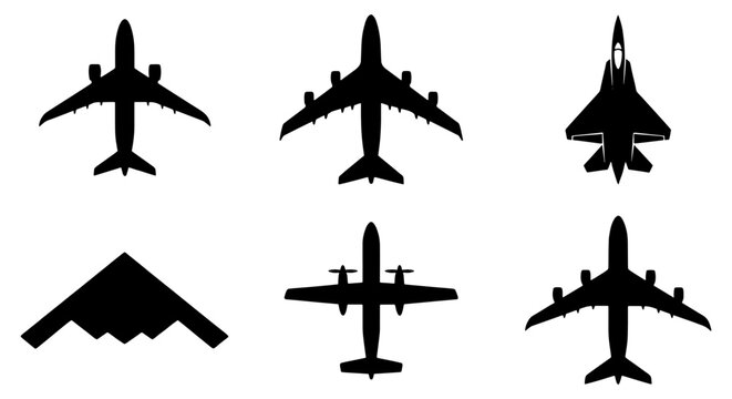 Airplane silhouette vector set, 6 black aircraft icons including commercial jet, military fighter plane, and stealth bomber, aviation transport symbols