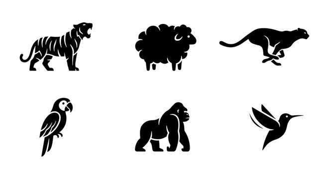 Minimalist animal silhouettes set of 6 vector icons, black wildlife logo collection featuring tiger, sheep, cheetah, parrot, gorilla, and hummingbird