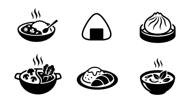 Minimalist Asian food icons set, black and white vector illustrations of curry rice, onigiri, dim sum, hot pot, and soup, 6 culinary elements