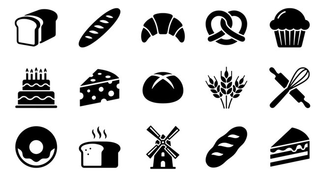 Bakery icon set with 15 black vector elements, bread and pastry symbols for cafe menus, minimalist cake and wheat grain illustrations for food branding