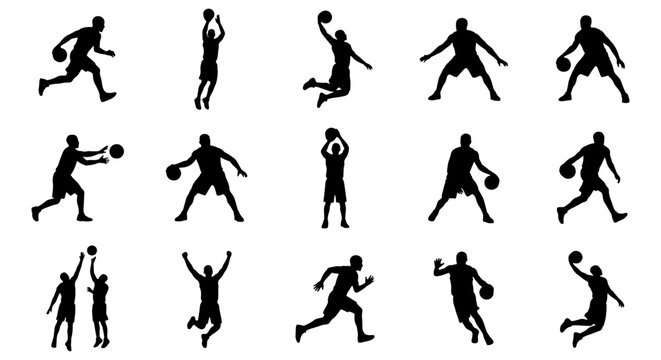 Basketball player silhouettes set, 15 black vector icons of athletes playing ball, professional basketball action poses for sports graphic design