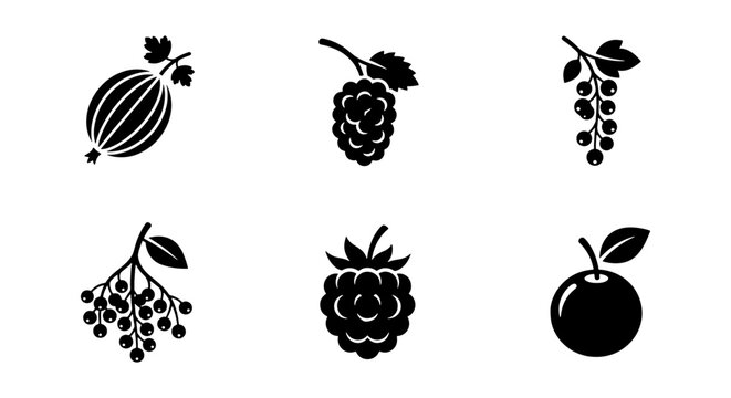 Minimalist berry icons set, black silhouette fruit vector elements, collection of 6 organic garden berries for food packaging and menu design