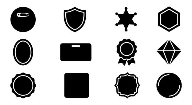 Minimalist black badge icons set, flat vector shield and pin button silhouettes, 12 geometric label templates for branding and identification