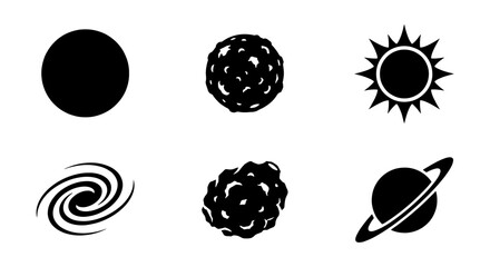 Minimalist space icon set, black celestial bodies and galaxy vector silhouettes, collection of 6 astronomical symbols for science infographics © Jim