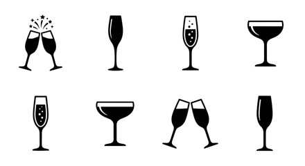 Champagne glass icons set, black sparkling wine flute and coupe silhouettes, 8 vector celebration drink symbols for wedding and party design © Jim