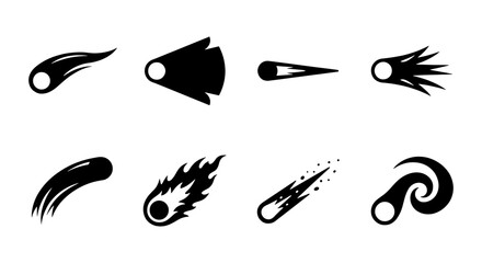 Black comet icons set, 8 stylized meteor and asteroid silhouettes, falling star vector elements for space and astronomy design © Jim