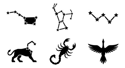 Celestial constellation vector icons set, black zodiac star map symbols, astronomical silhouettes of Orion Leo and Scorpio for astrology design © Jim