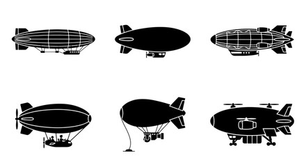 Vintage airship silhouette icons, set of 6 steampunk dirigible and zeppelin vector illustrations, retro aviation transport symbols © Moniya